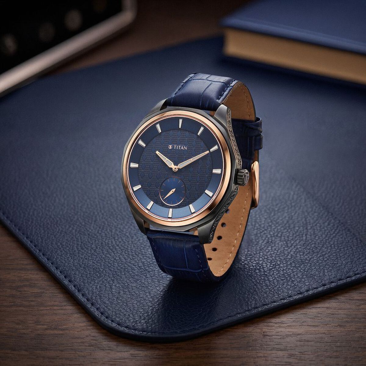 Titan Regalia Opulent Offset Second Hand Blue Dial Blue Leather Strap Watch For Men 1