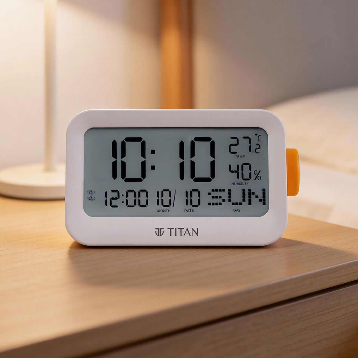 Titan Alarm Clock - Digital Lcd Screen Display With Day Date Month Temperature Humidity, Rotating Knob Setting 1