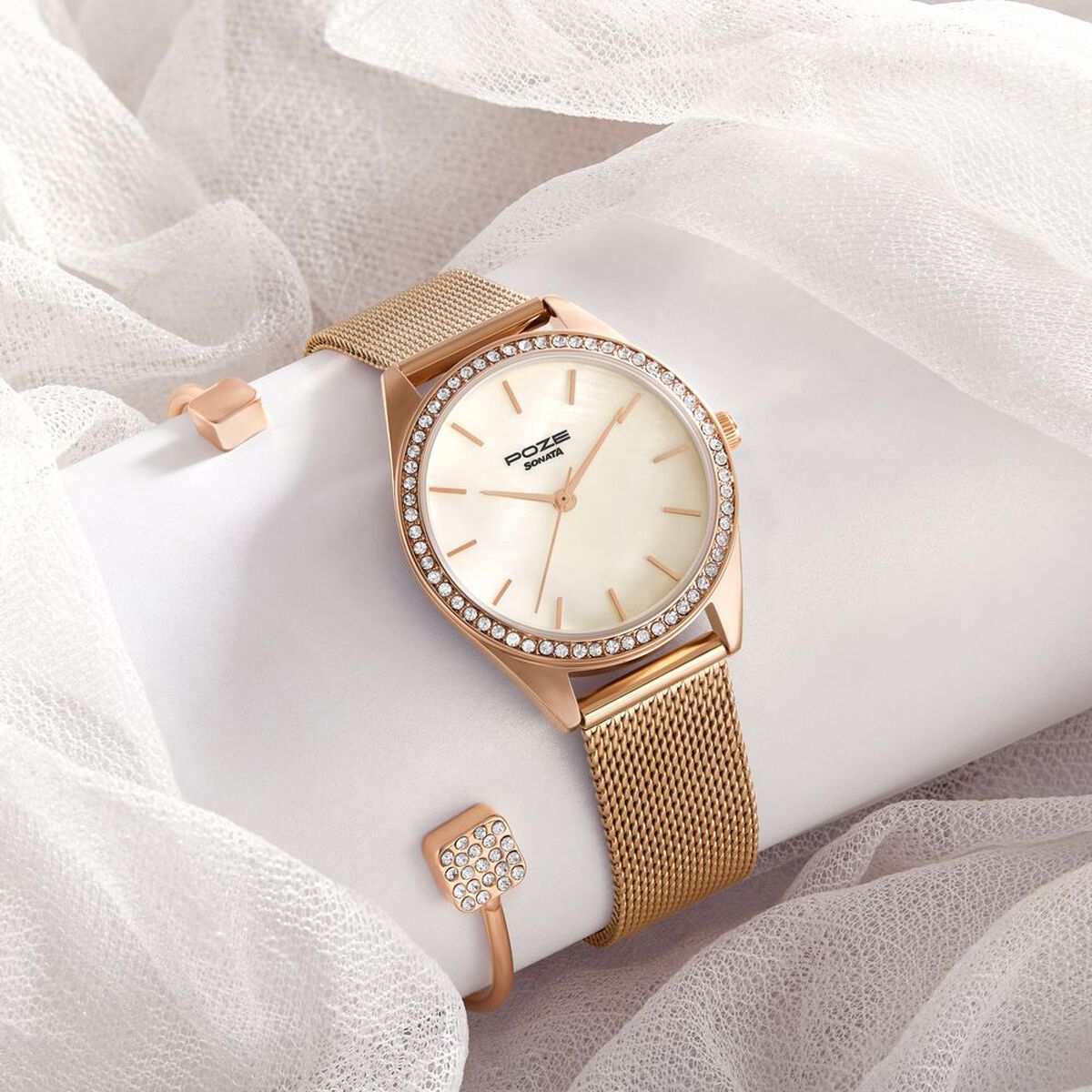 Sonata Poze Quartz Analog Mother of Pearl Dial Rose Gold Color Stainless Steel Strap Watch For Women 1