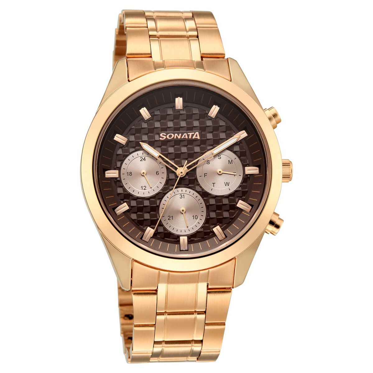Sonata Multifunction Brown Dial Rose Gold Metal Strap Watch For Men 2