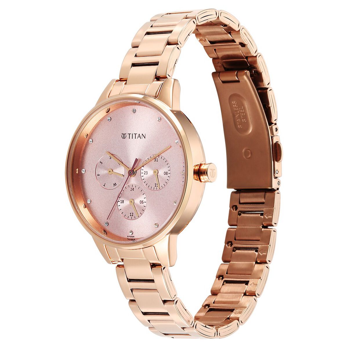 Titan Purple Razzle Dazzle Quartz Analog with Day and Date Pink Dial Rose Gold Stainless Steel Strap Watch For Women 5