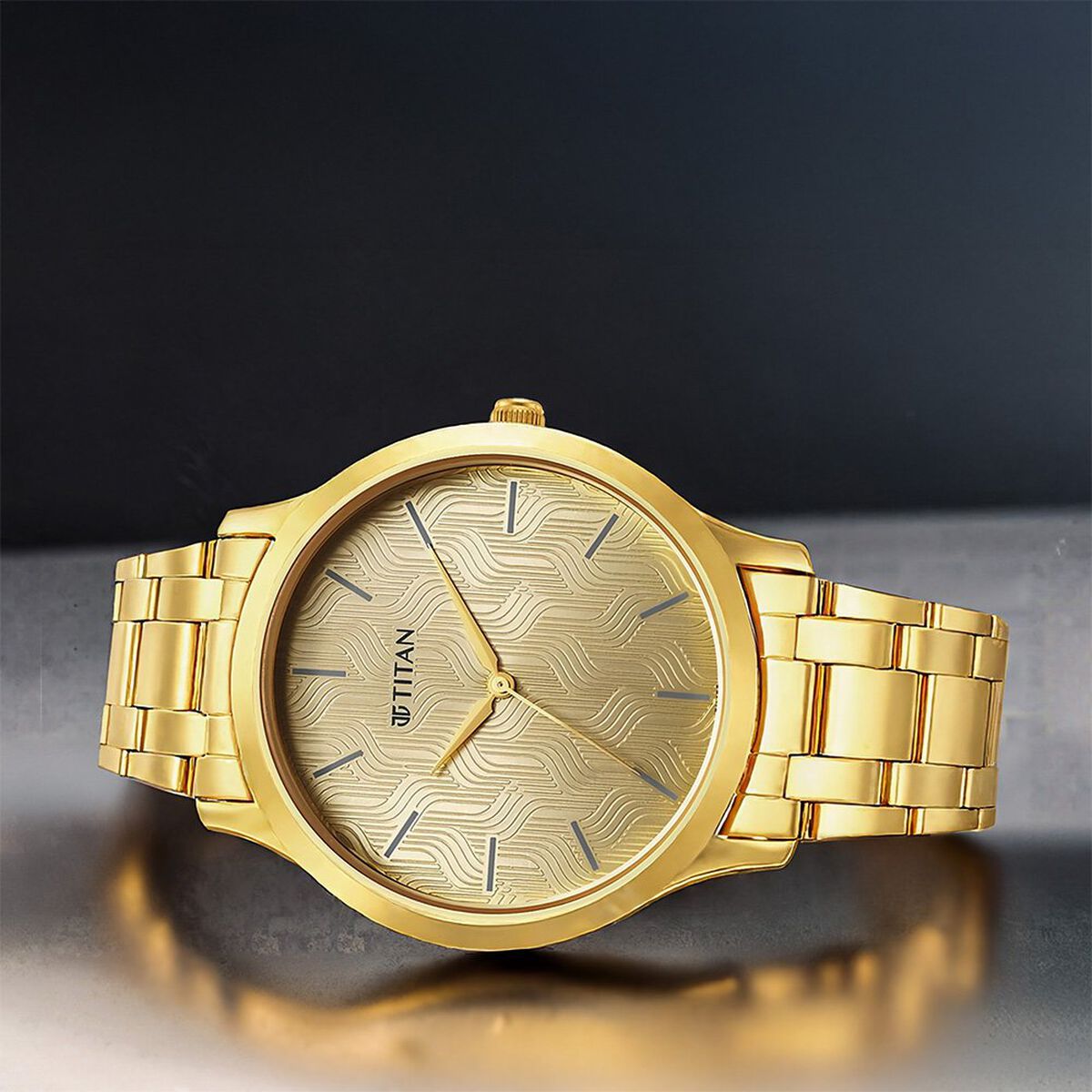Titan Karishma Quartz Analog Champagne Round Dial Golden Stainless Steel Strap Watch For Men 1