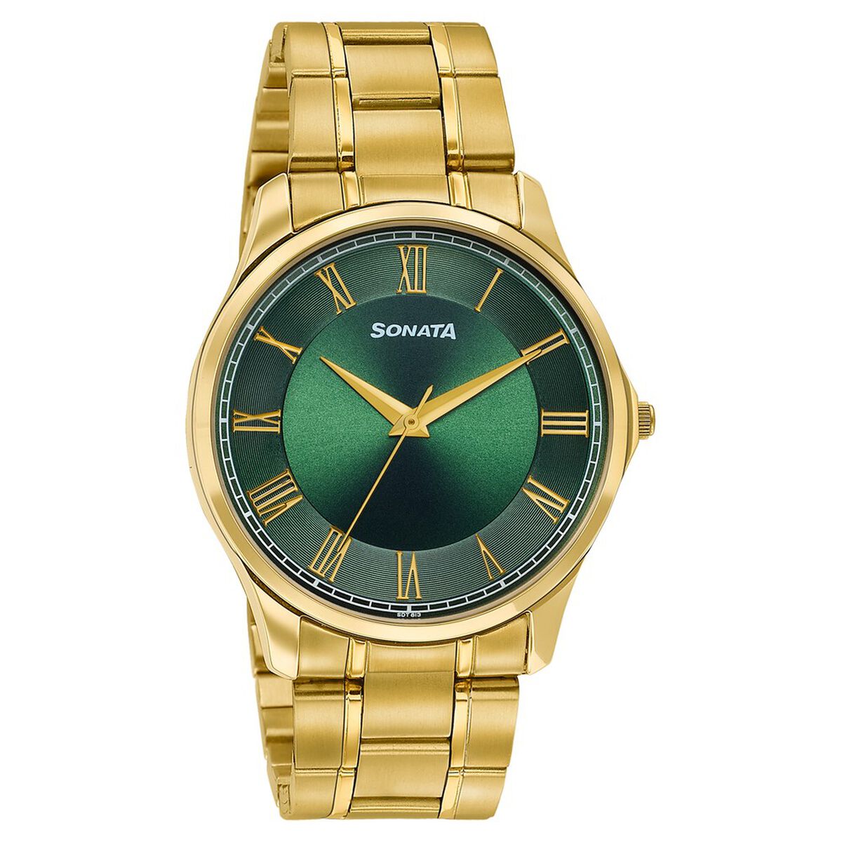 Sonata Traditional Essentials Green Dial Gold-Tone Stainless Steel Strap Watch 2