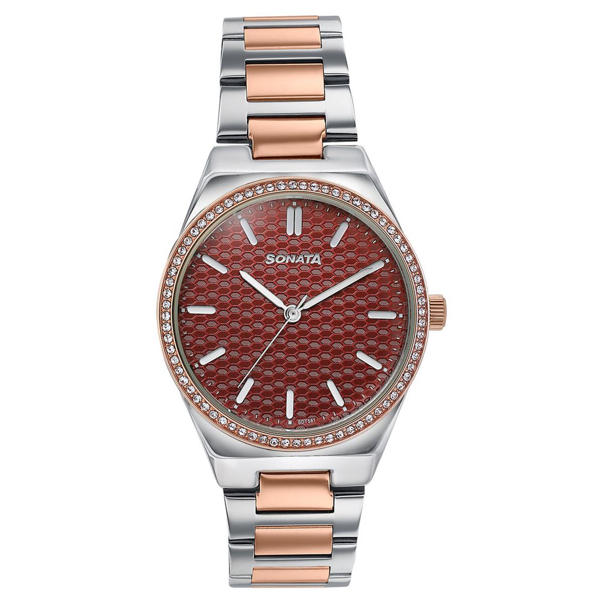 Sonata Jashn Quartz Analog Maroon Dial Two Toned Metal Strap Watch For Women 1