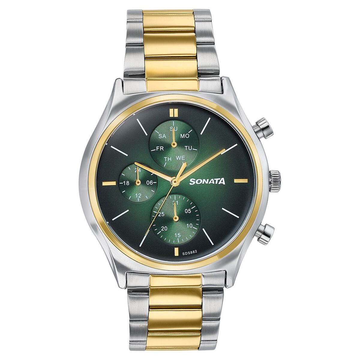 Sonata Festive Quartz Multifunction Green Dial Two Toned Metal Strap Watch For Men 1