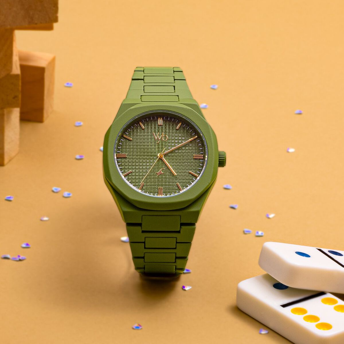 Vyb Hustler By Fastrack Quartz Analog Green Dial Metal Strap Watch For Guys 1