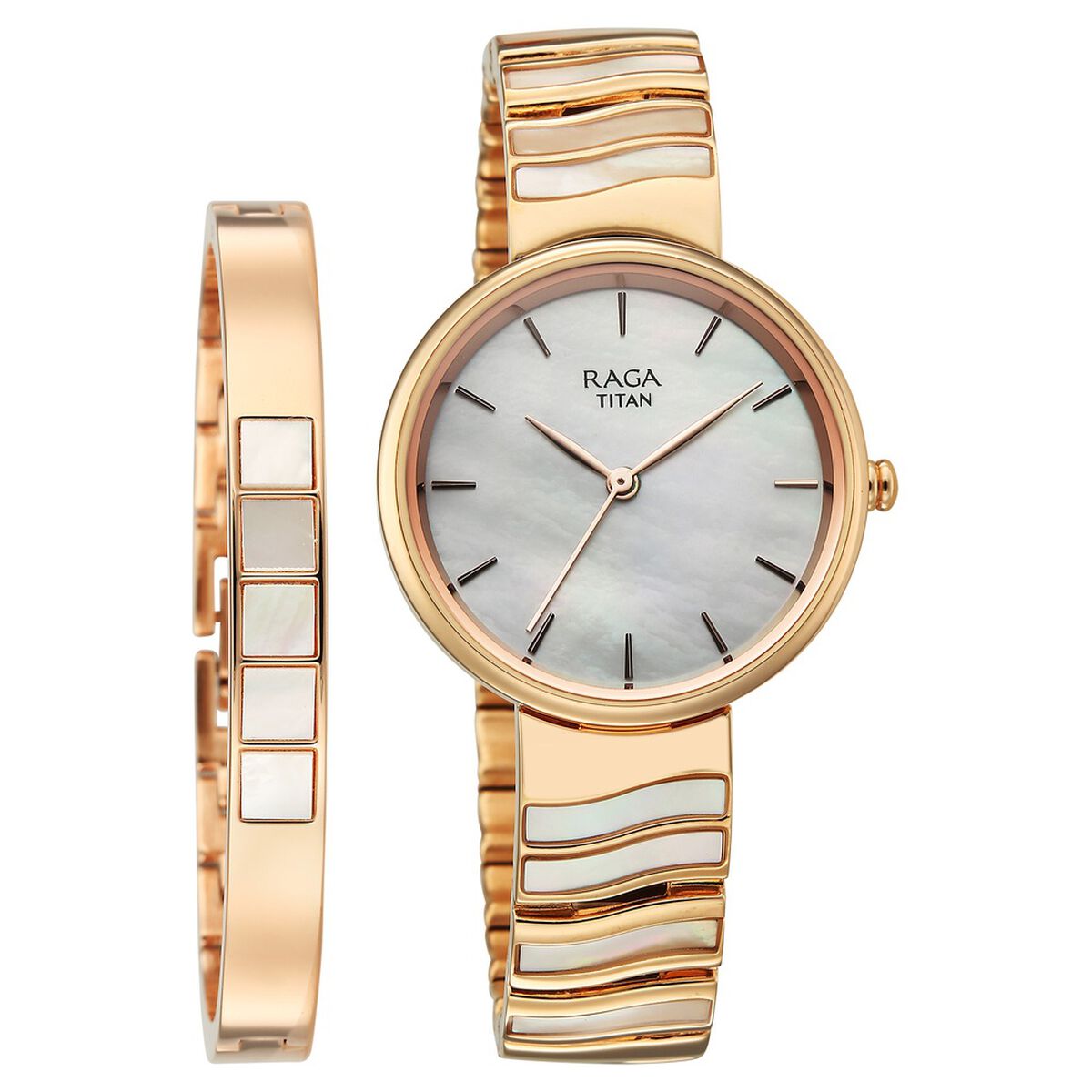 Titan Raga Power Pearls Quartz Analog Mother of Pearl Dial Rose Gold Metal Strap Watch For Women 1