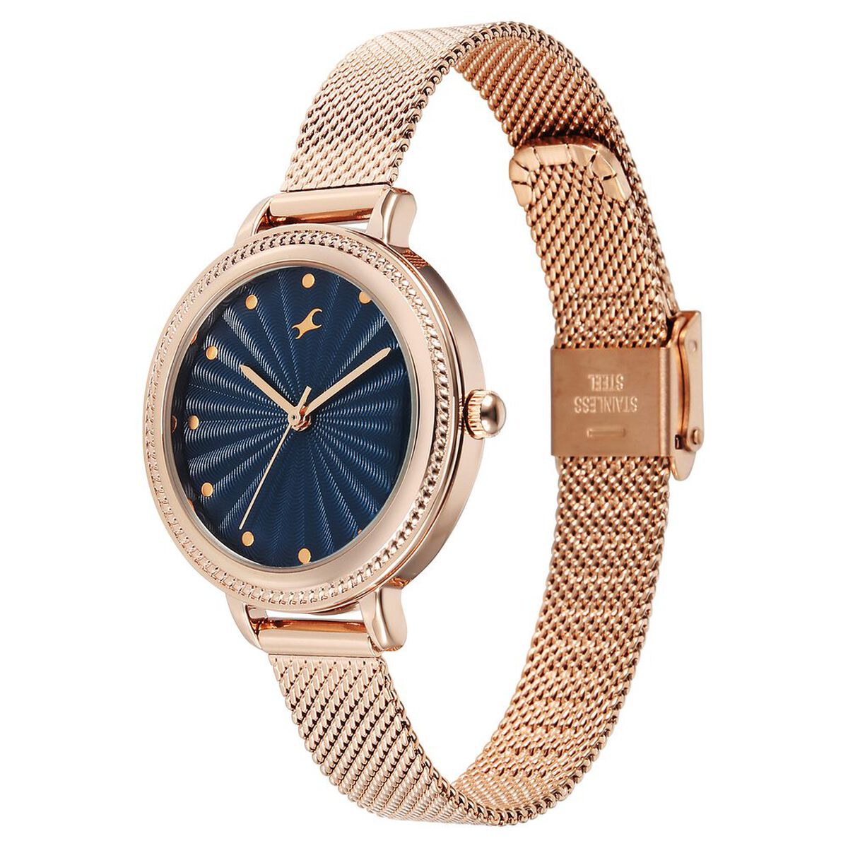 Fastrack Stunners Quartz Analog Blue Dial Rose Gold Stainless Steel Strap Watch For Girls 3