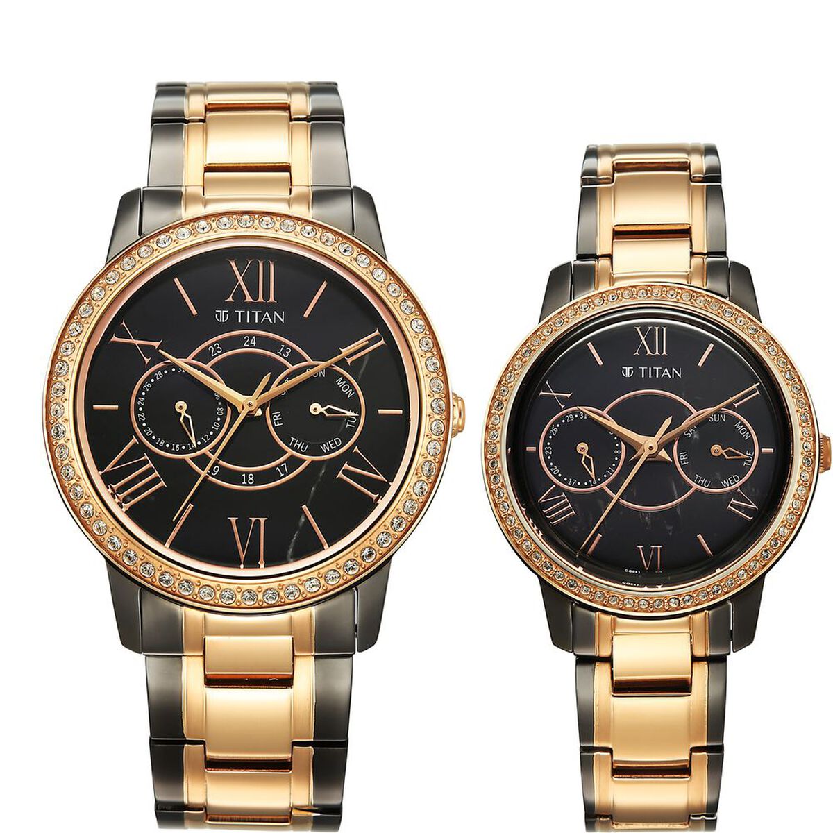 Titan Royal Bandhan Quartz Analog with Day and Date Black Dial Two Toned Strap Watch For Couple 1