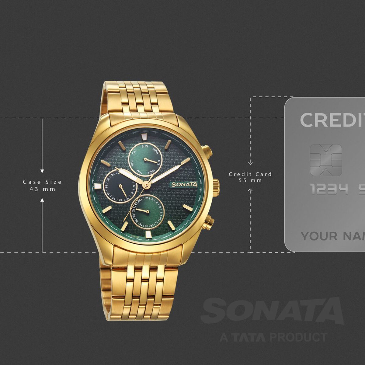 Sonata Magna Quartz Multifunction Green Dial Golden Stainless Steel Strap Watch For Men 4