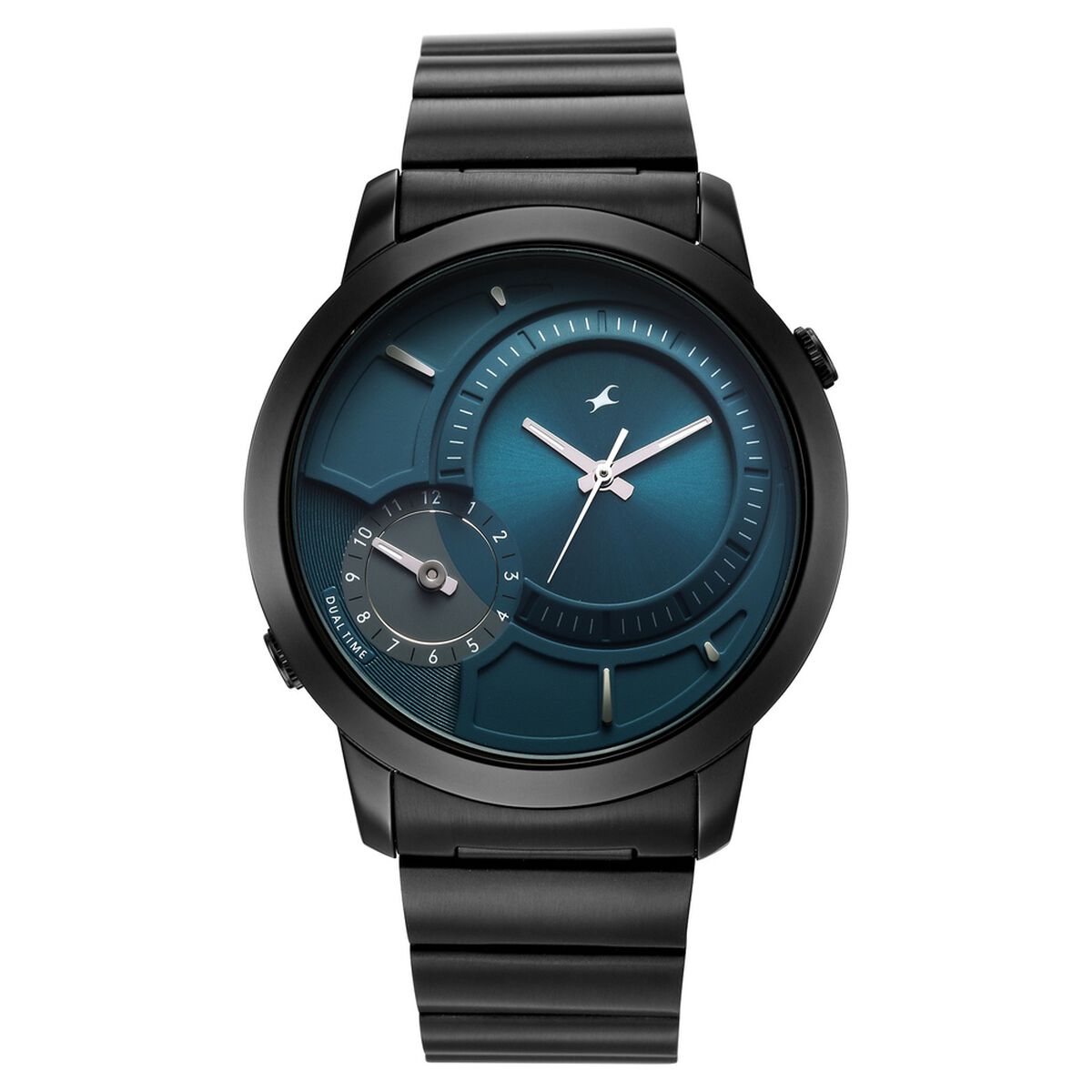 Fastrack Pulse IV Dual Time Watch for Men with Petrol Blue Sunray Dial & Black Metal Strap 1