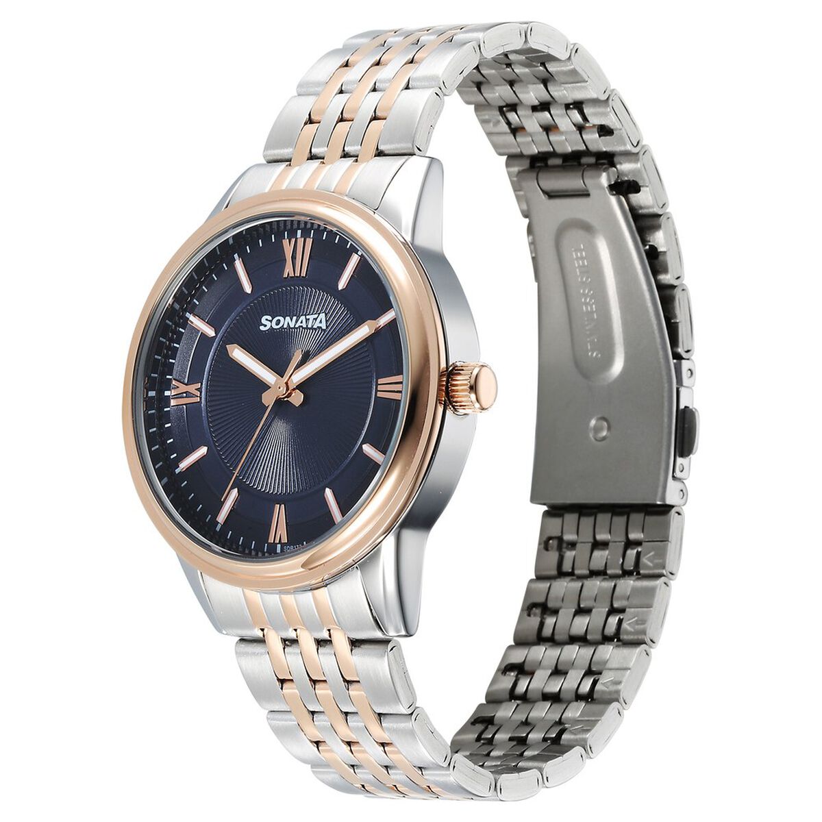 Sonata Wedding Quartz Analog Blue Dial Stainless Steel Strap Watch For Men 3