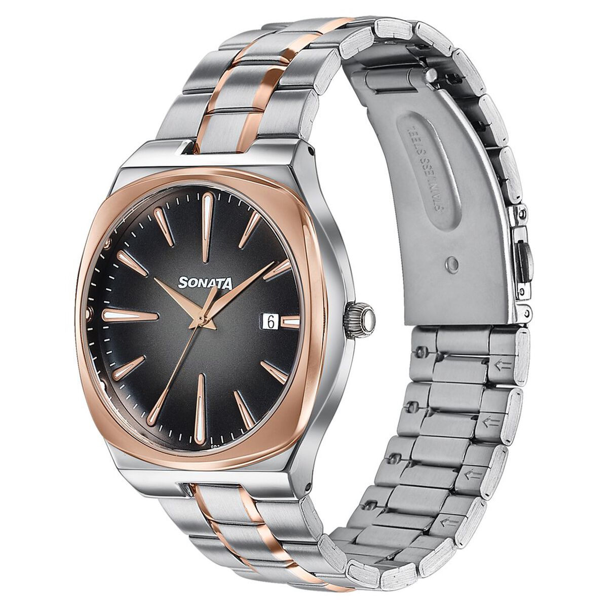 Sonata Festive Quartz Analog Black Dial Two Toned Metal Strap Watch For Men 3