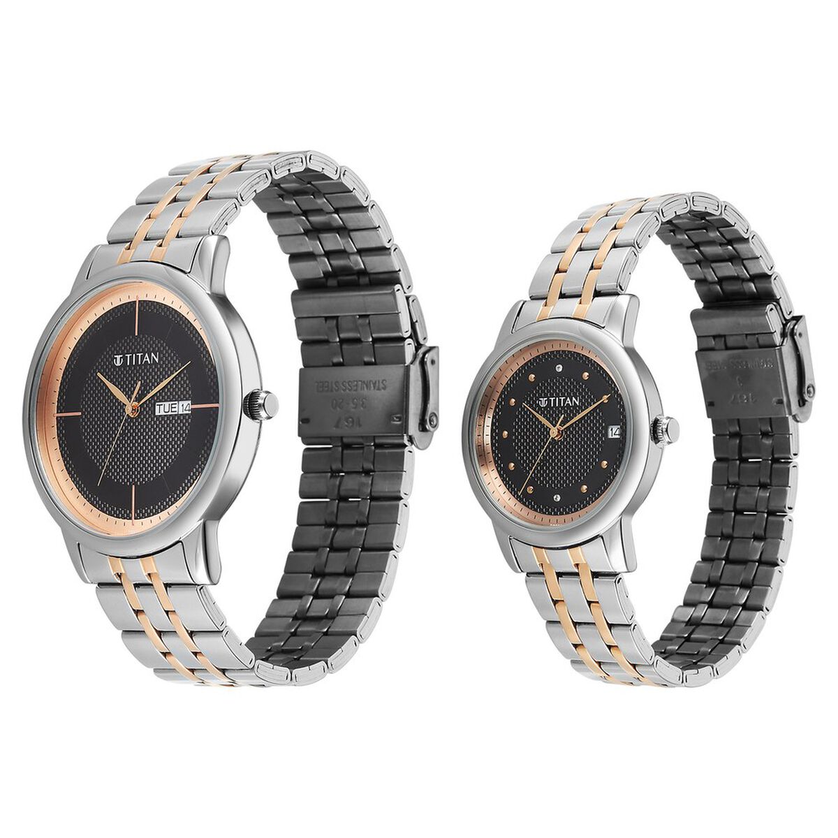 Titan Bandhan Eternal Pair Analog with Date and Black Dial Dual Tone Stainless Steel Strap Watch for Couples 3