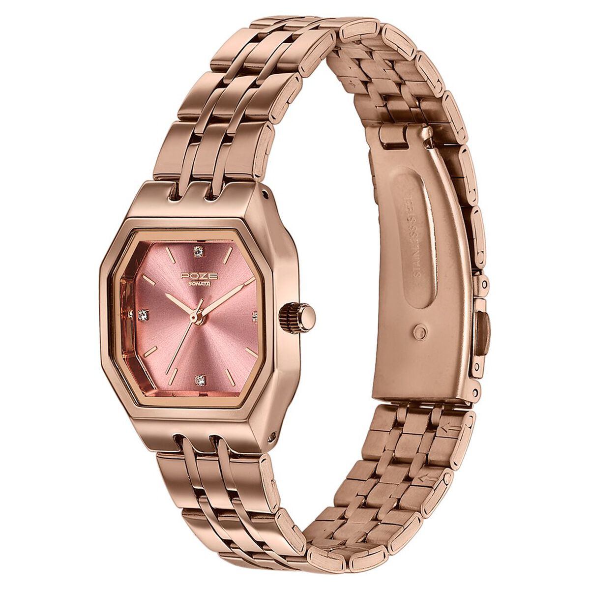 Poze By Sonata Quartz Analog Pink Dial Rose Gold Metal Strap Watch For Women 5