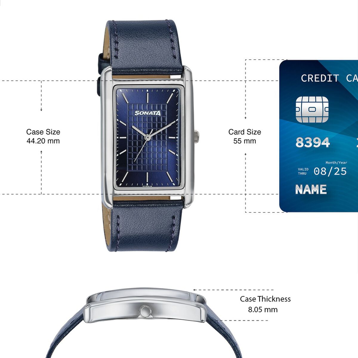 Sonata Ascent Blue Rectangular Watch with Blue Leather Strap 3