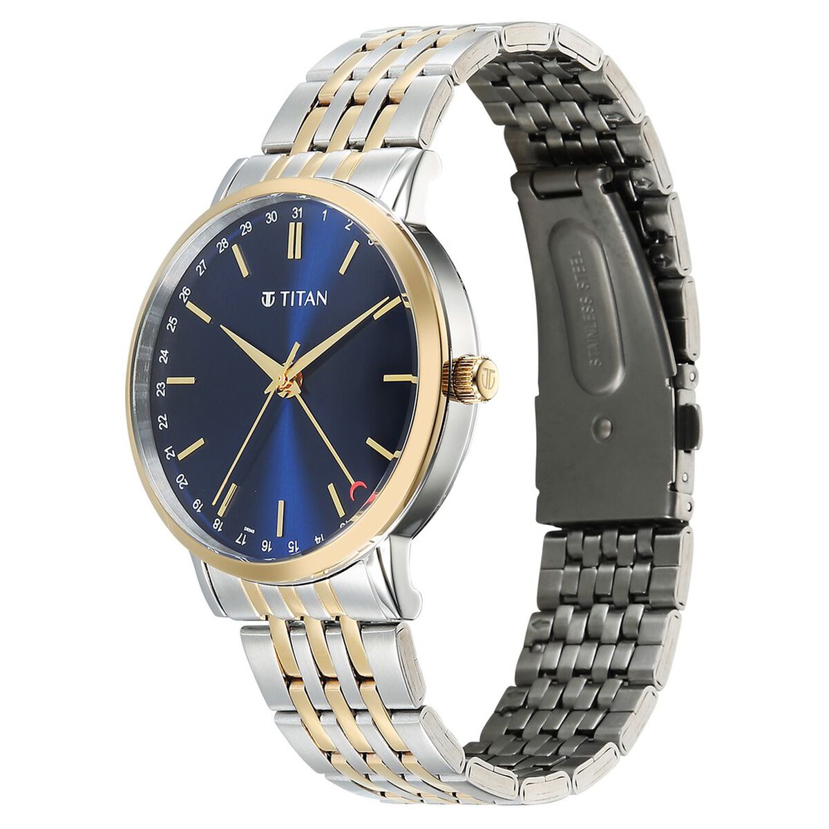 Titan Elegance Analog with Date by Hand and Blue Dial Stainless Steel Two Toned Strap Watch for Men 5