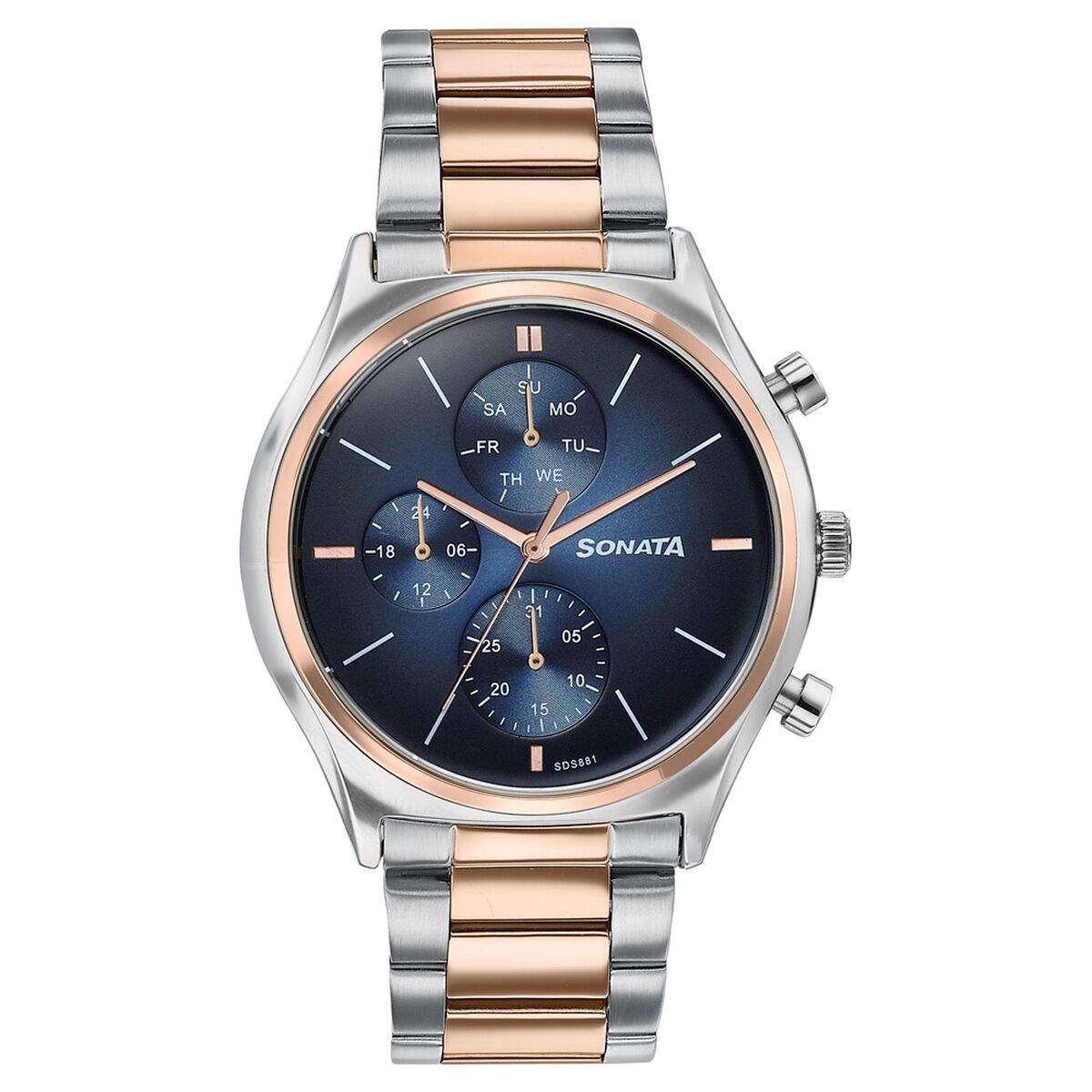 Sonata Festive Quartz Multifunction Blue Dial Two Toned Metal Strap Watch For Men 1