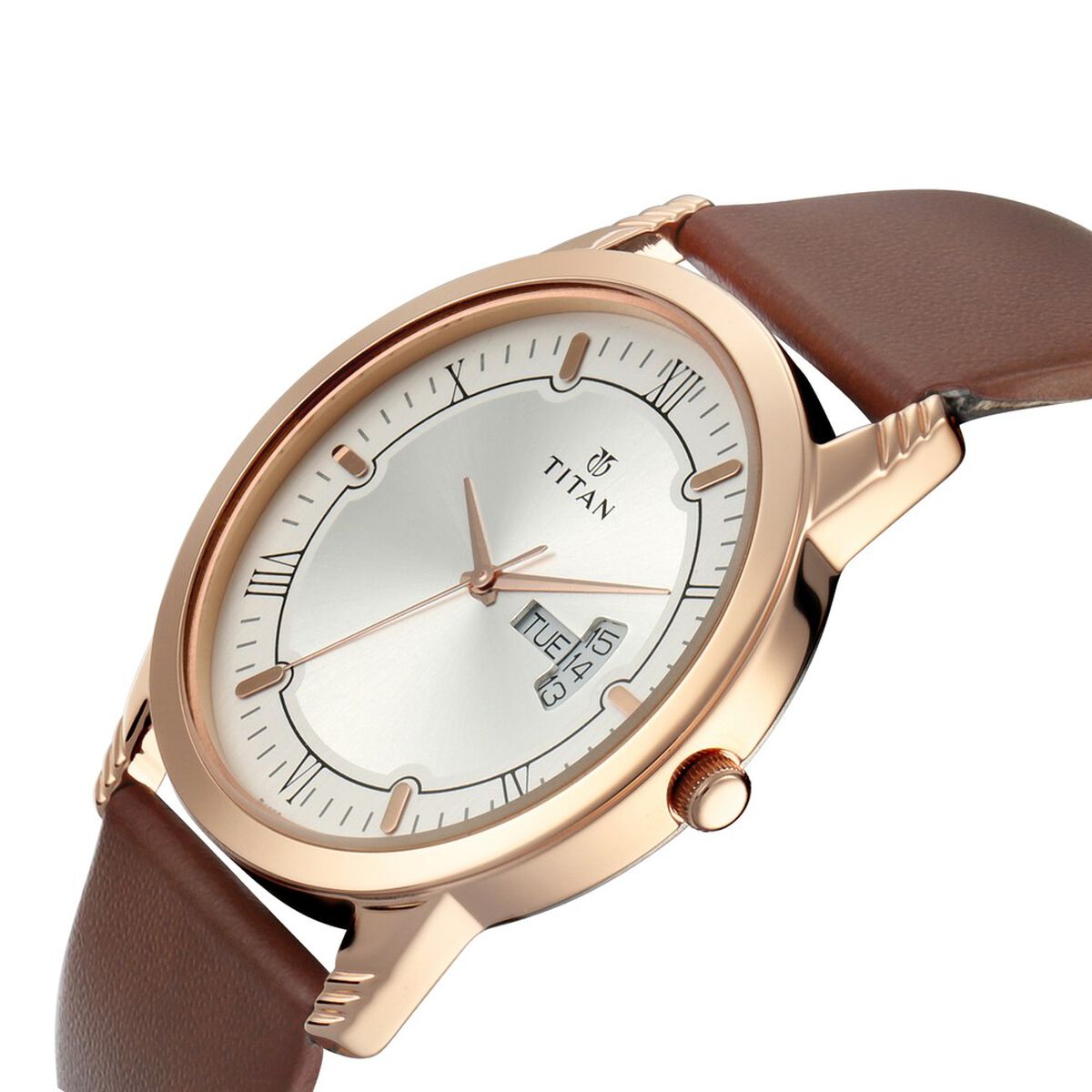 Titan Quartz Analog with Day and Date Silver Dial Leather Strap Watch for Couple 2