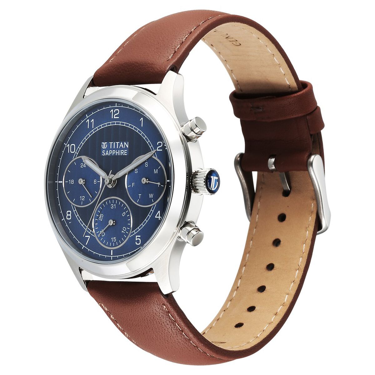 Titan Sapphire Quartz Multifunction Blue Dial Leather Strap Watch for Men 3