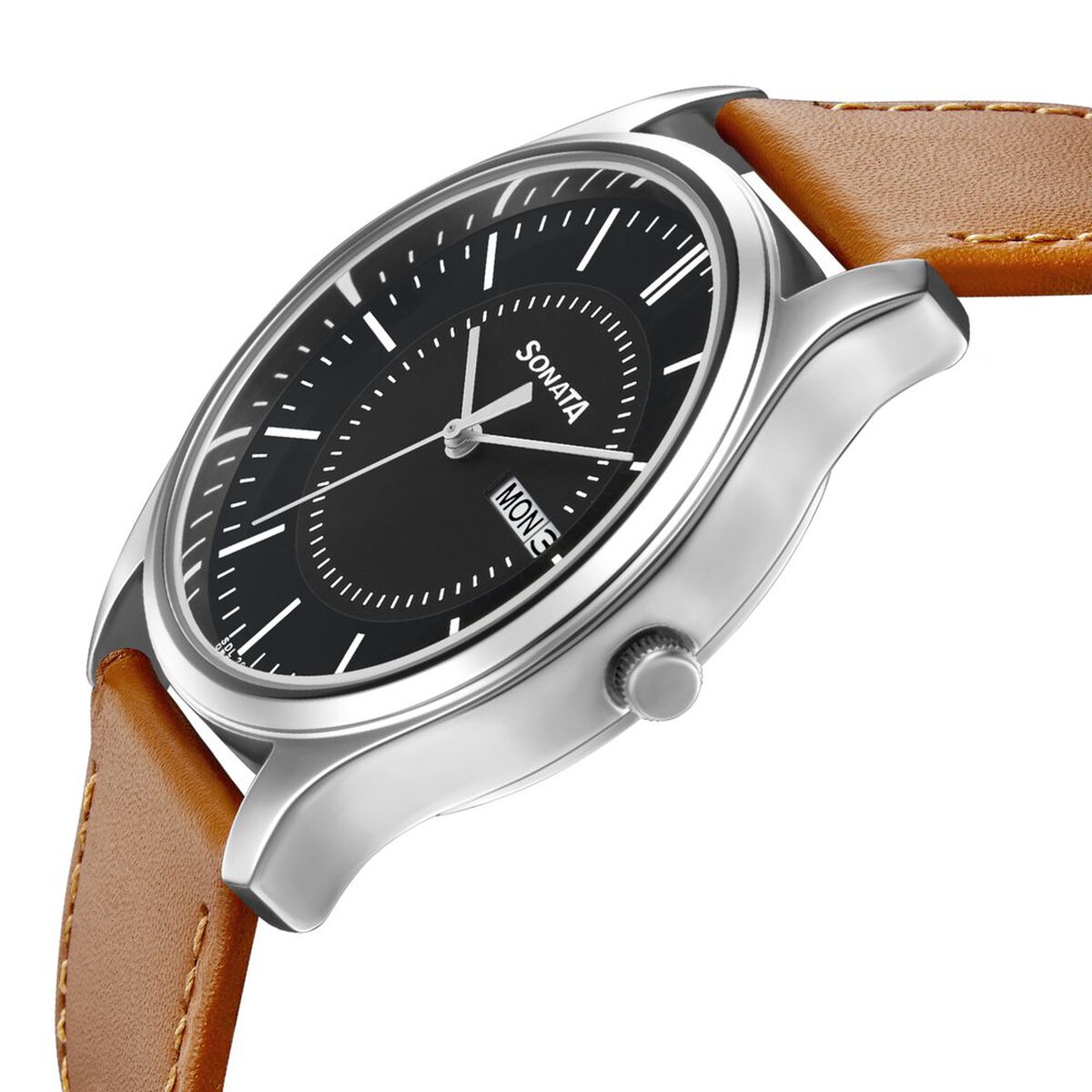Sonata Quartz Analog with Day and Date Black Dial Leather Strap Watch for Men 3
