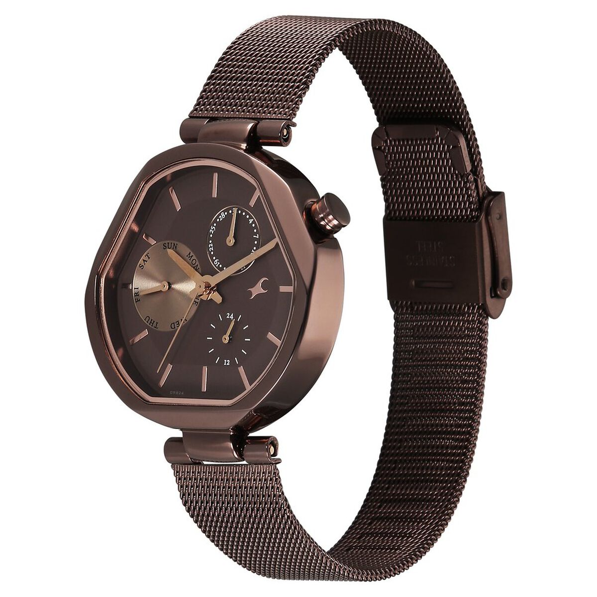 Fastrack Tick Tock Quartz Multifunction Brown Dial Stainless Steel Strap Watch For Girls 3