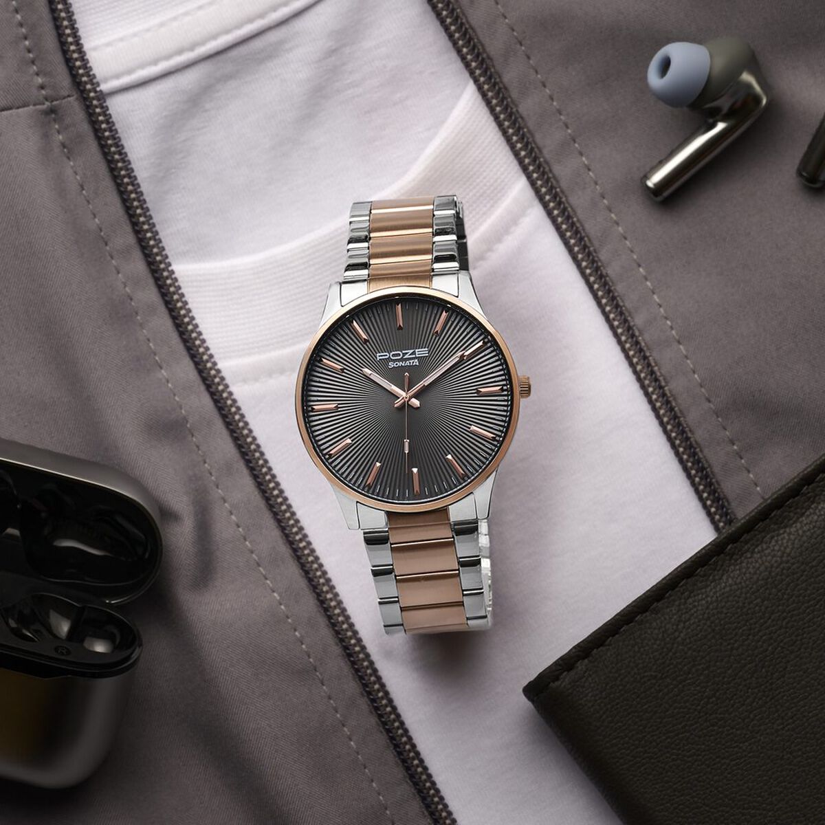Poze By Sonata Quartz Analog Grey Dial Two Toned Stainless Steel Strap Watch For Men 1