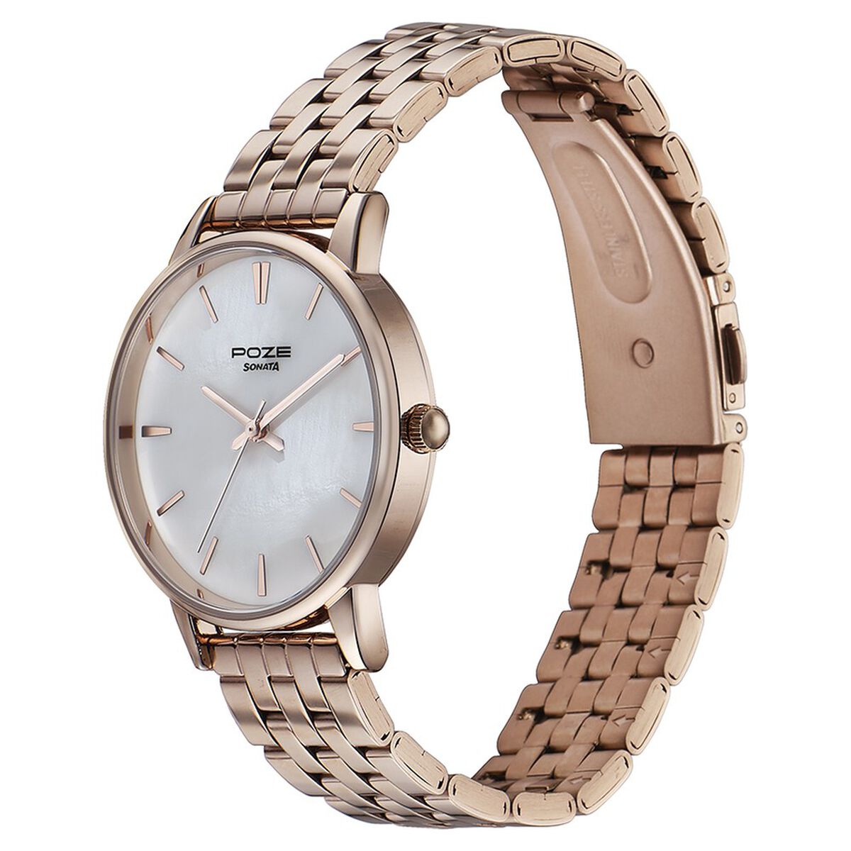 Sonata Poze Quartz Analog Mother of Pearl Round Dial Rose Gold Stainless Steel Strap Watch For Women 4