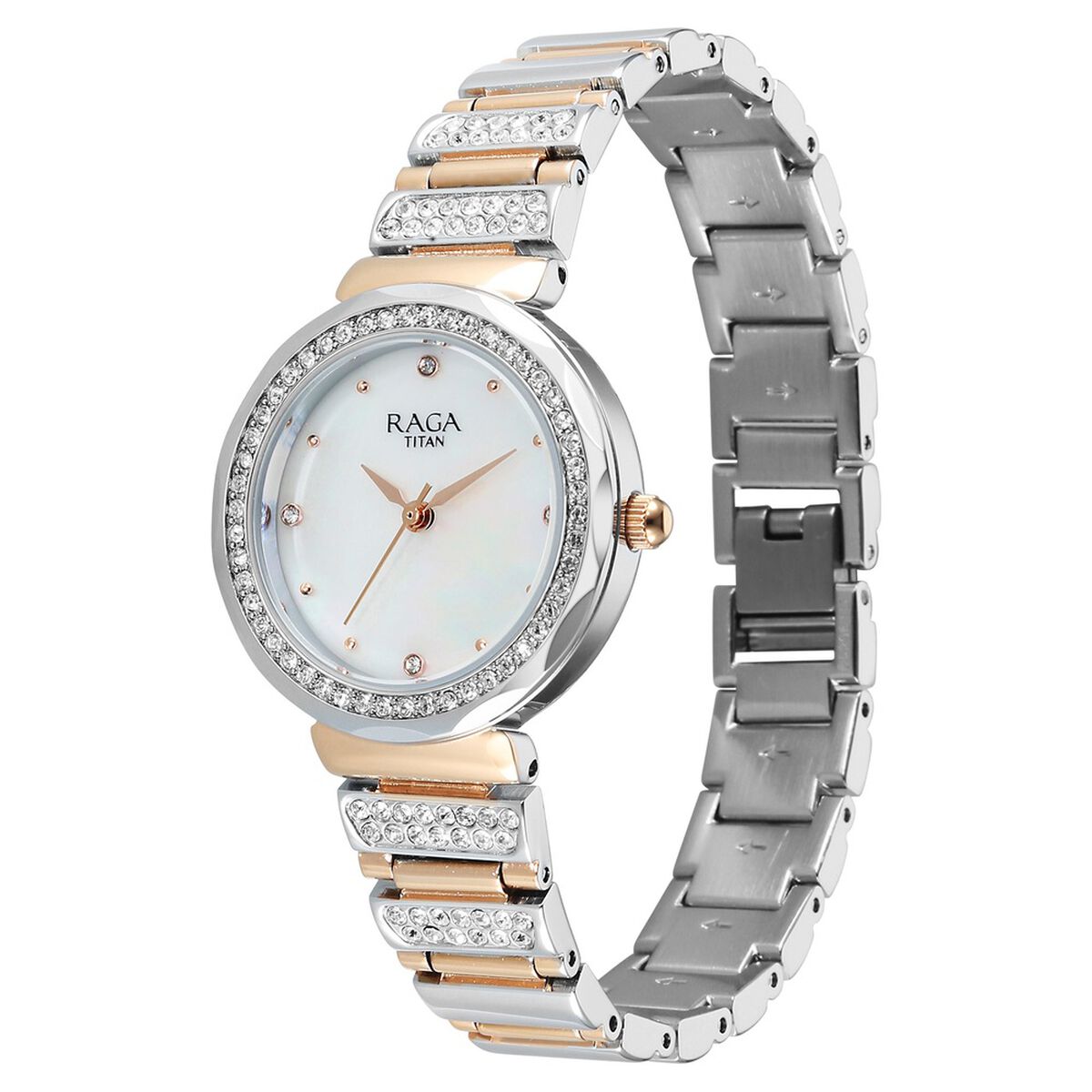 Titan Raga Spotlight Quartz Analog Mother of Pearl Dial Two Toned Metal Strap Watch For Women 3
