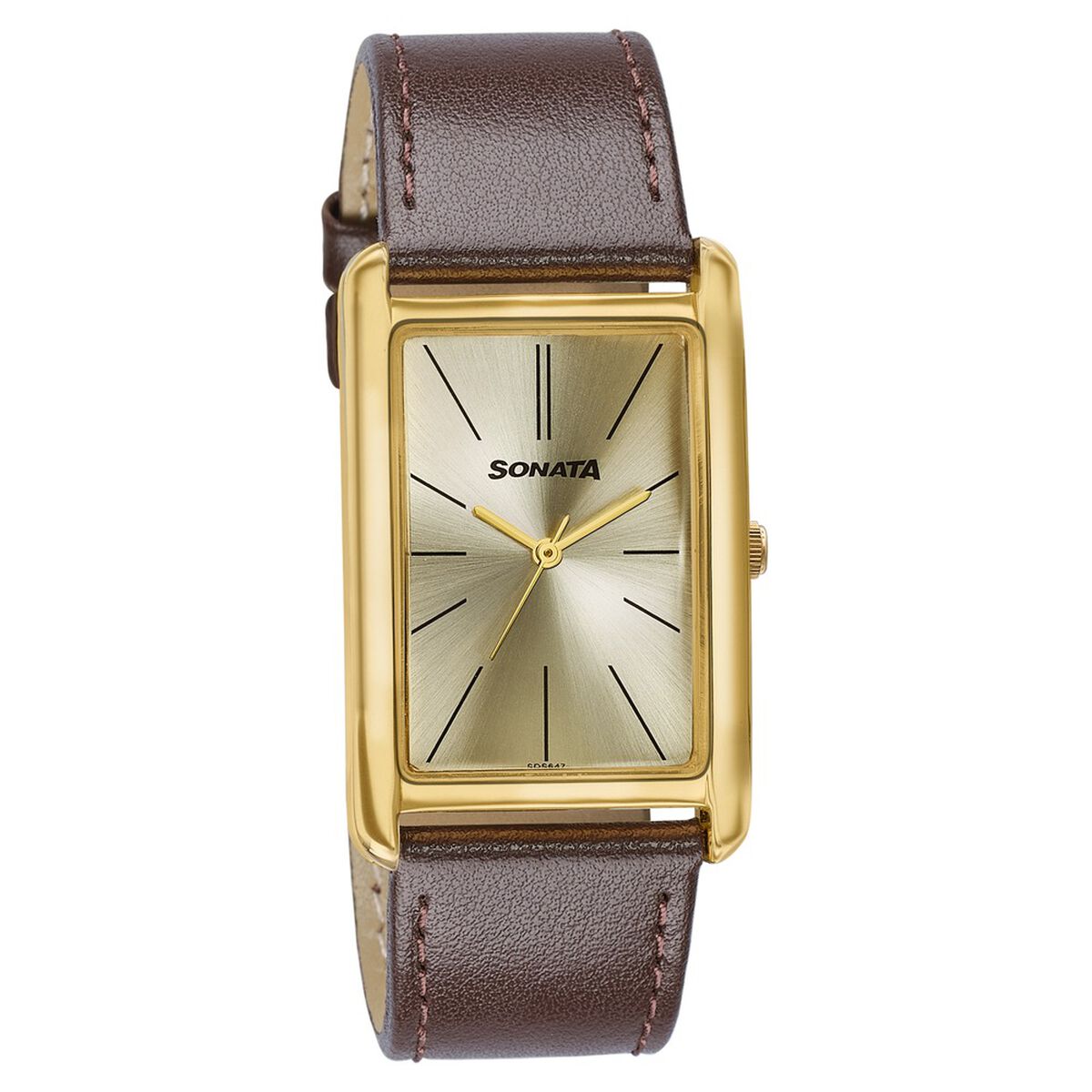 Sonata Ascent Gold Rectangular Watch with Brown Leather 2