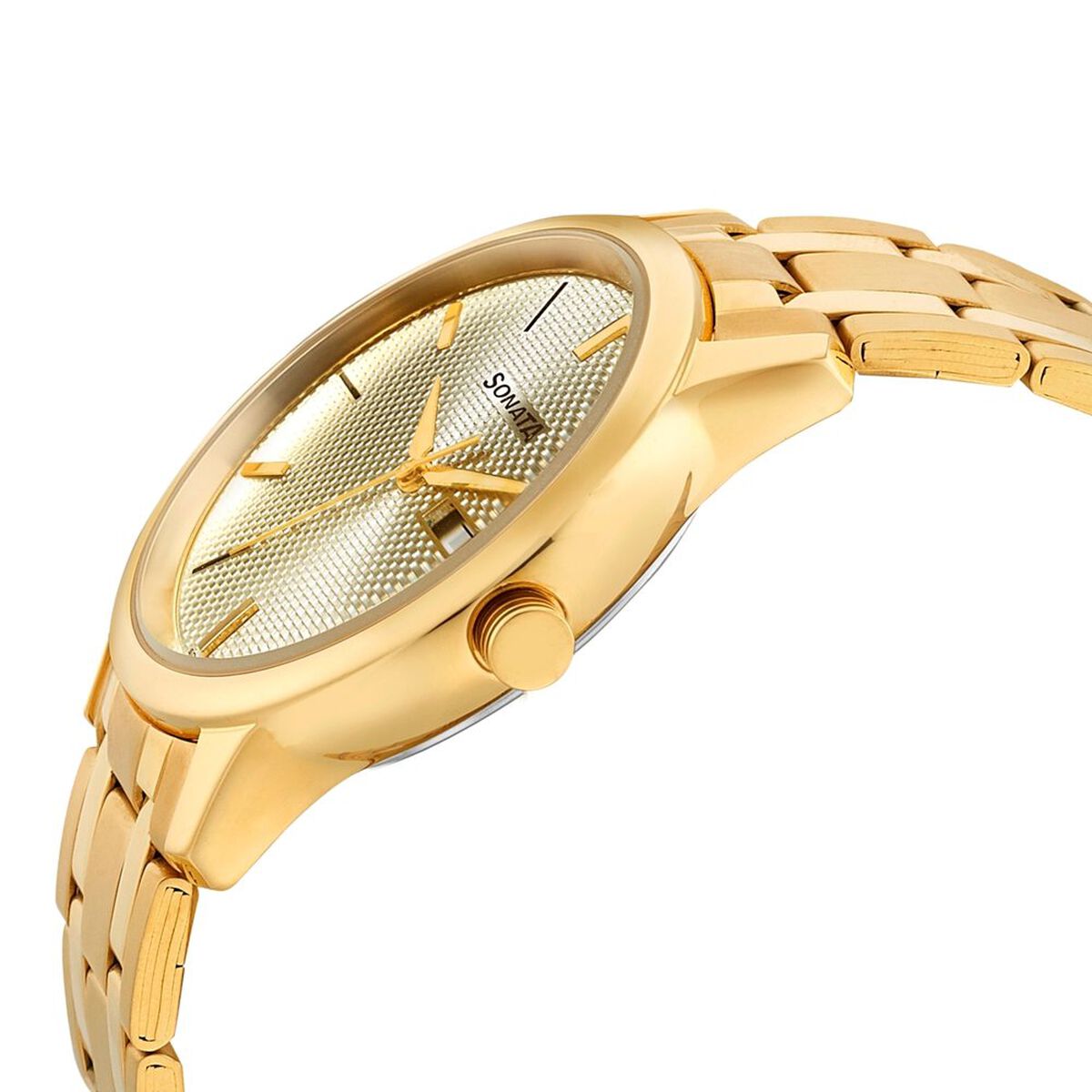 Sonata Quartz Analog with Day and Date Champagne Dial Metal Strap Watch for Men 3