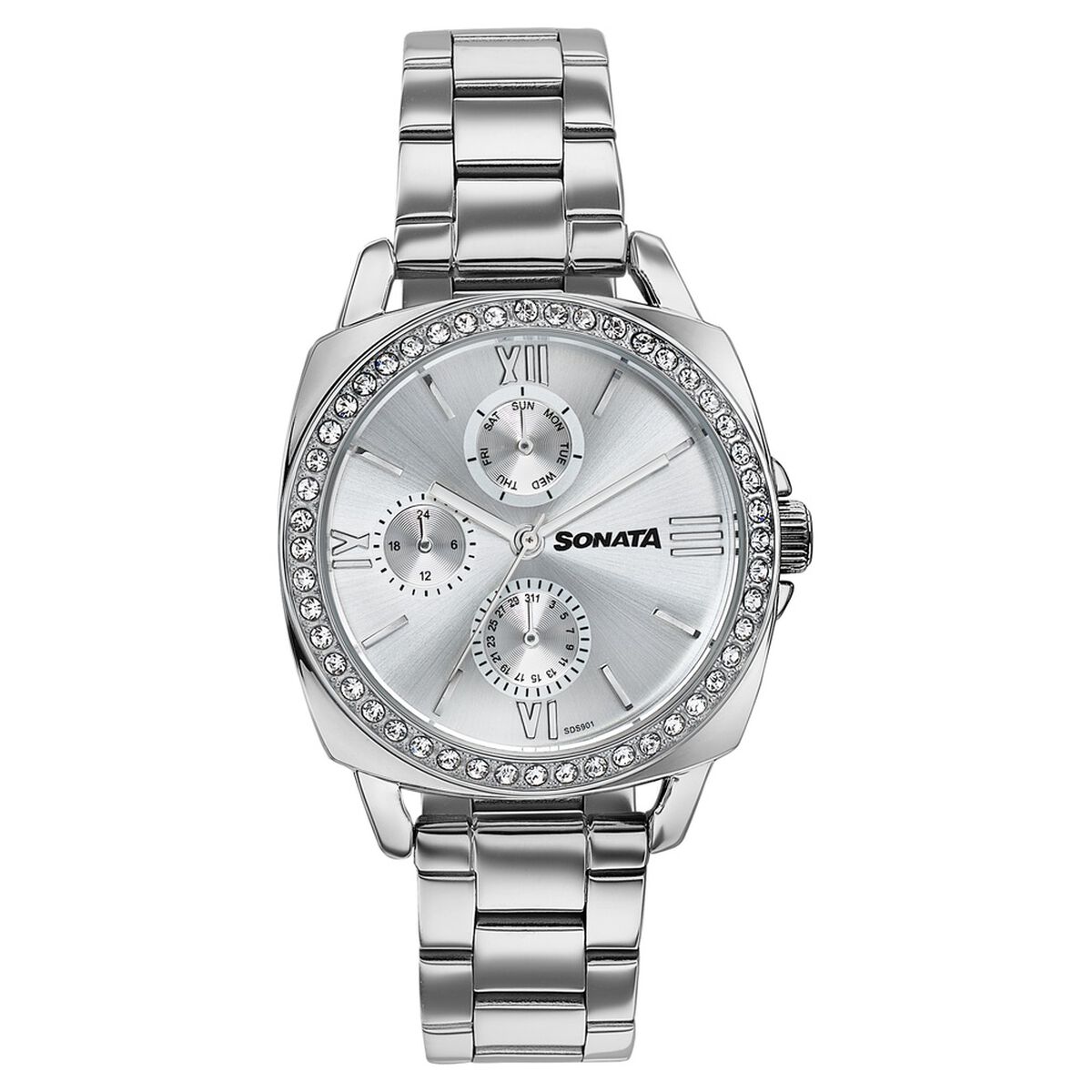 Sonata Festive Quartz Multifunction Silver Dial Silver Metal Strap Watch For Women 1
