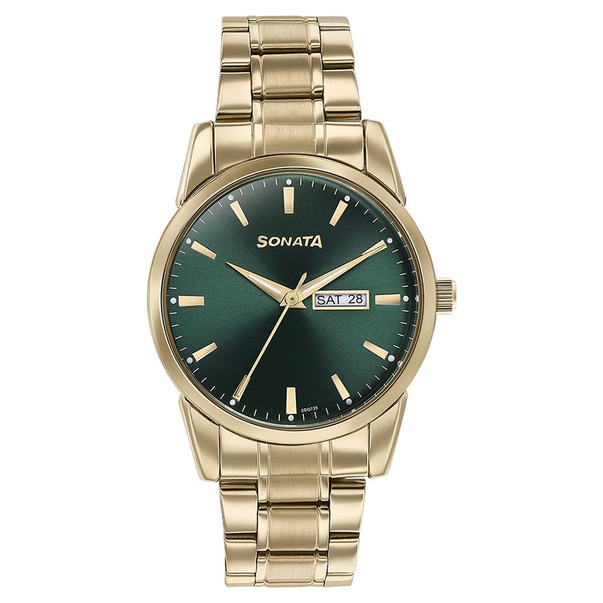 Sonata Quartz Analog with Day and Date Green Dial Golden Stainless Steel Strap Watch For Men 2