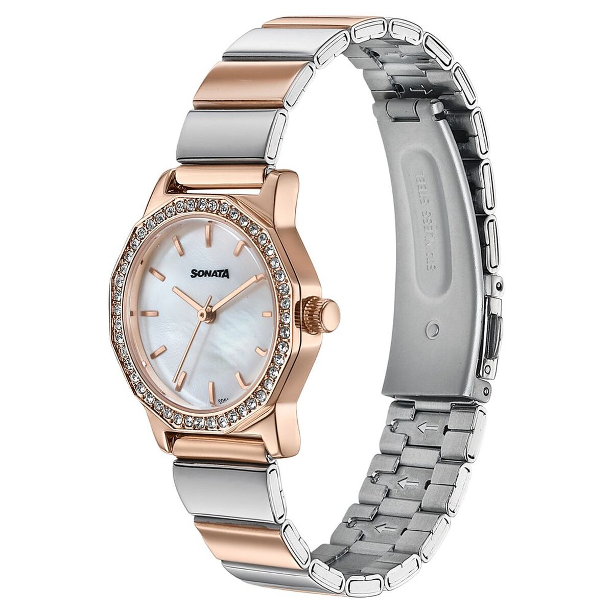 Sonata Festive Quartz Analog Mother Of Pearl Dial Two Toned Metal Strap Watch For Women 3