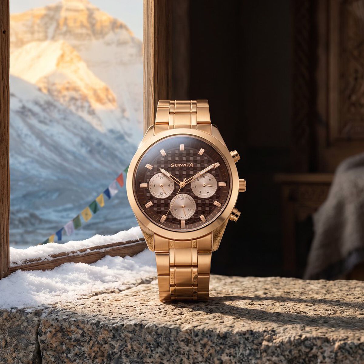 Sonata Multifunction Brown Dial Rose Gold Metal Strap Watch For Men 1
