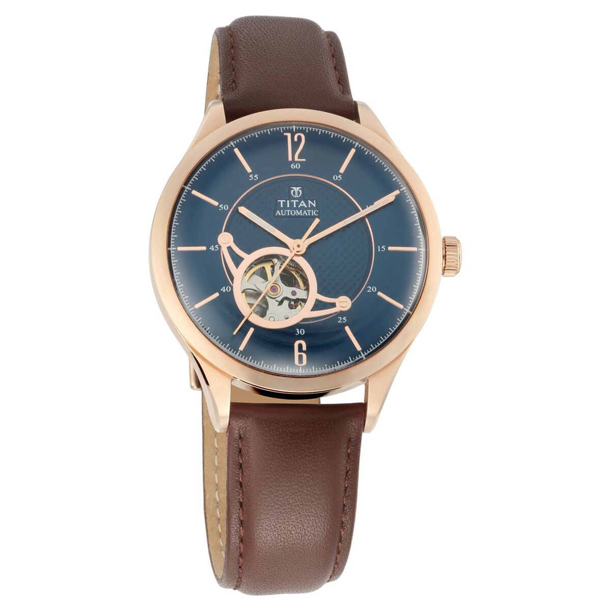 Titan Automatic Blue Dial Brown Leather Strap Watch for Men 2