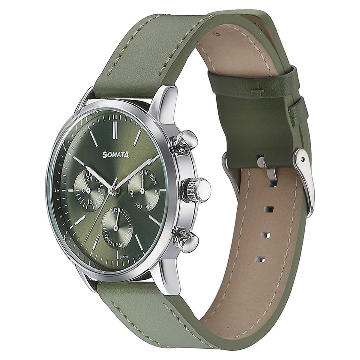 Sonata Quartz Multifunction Green Dial Green Leather Strap Watch For Men 4