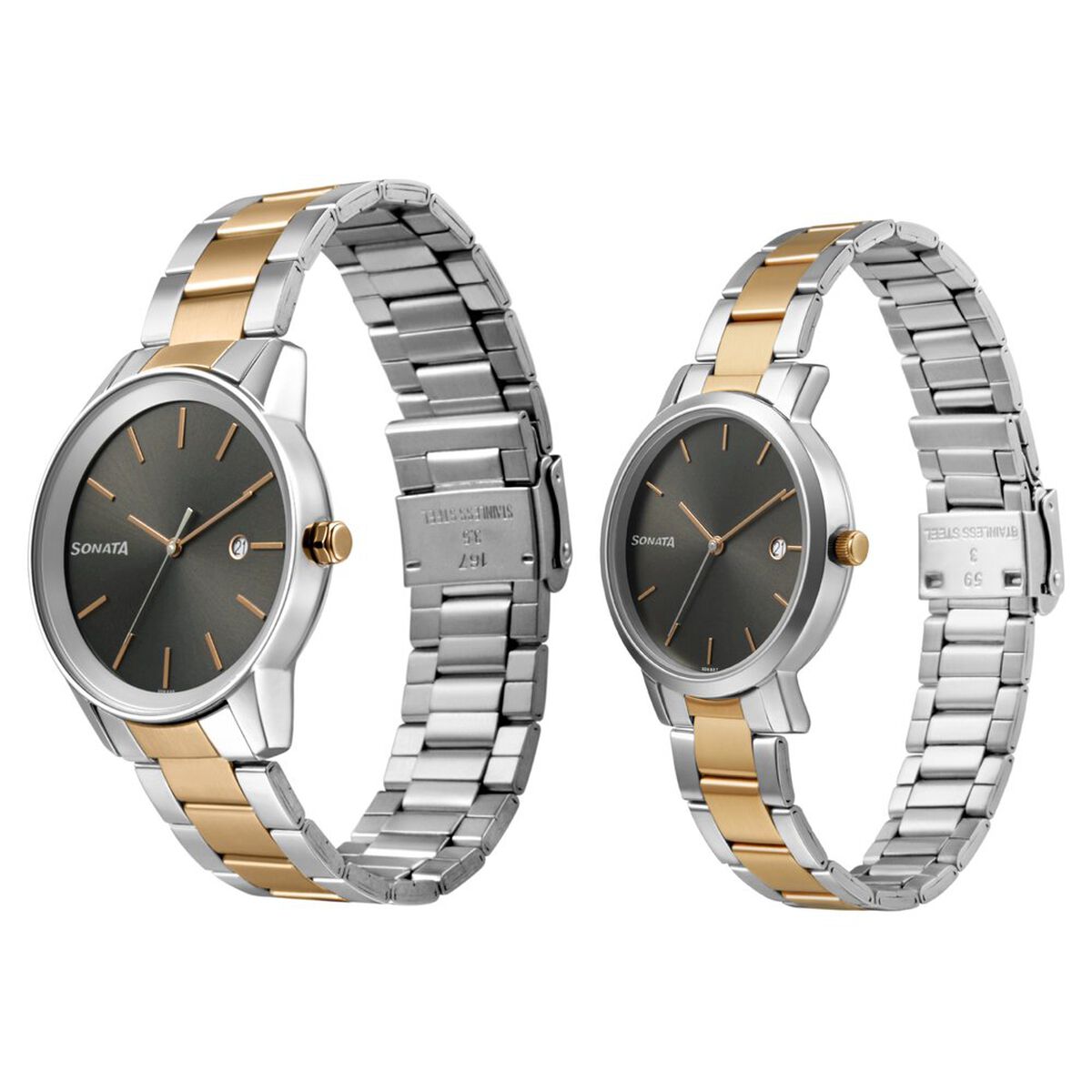 Sonata Quartz Analog with Date Black Dial Metal Strap Watch for Couple 2