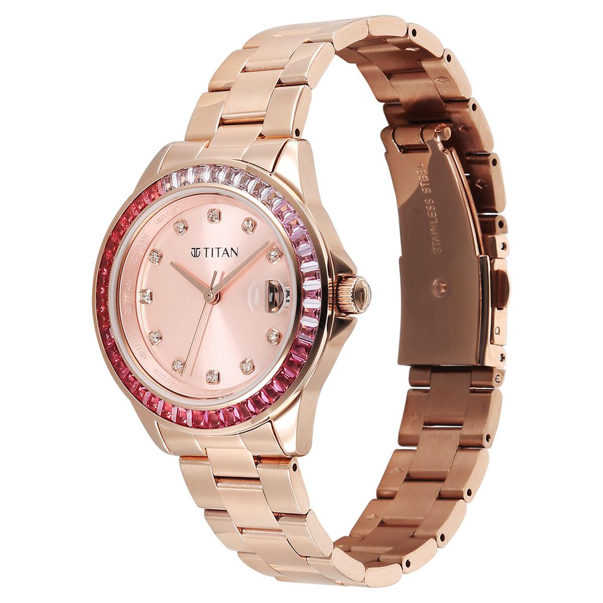 Titan Purple Glamour Quartz Analog Pink Dial Rose Gold Stainless Steel Strap Watch For Women 3