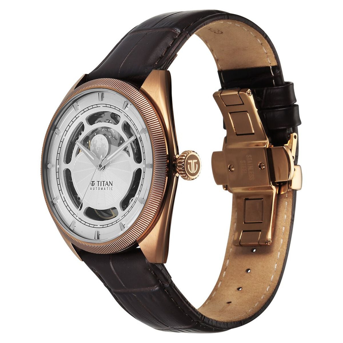 Titan Stellar Cupola Automatic Analog with Sun Moon Phase and Silver Dial Brown Leather Strap Watch for Men 5