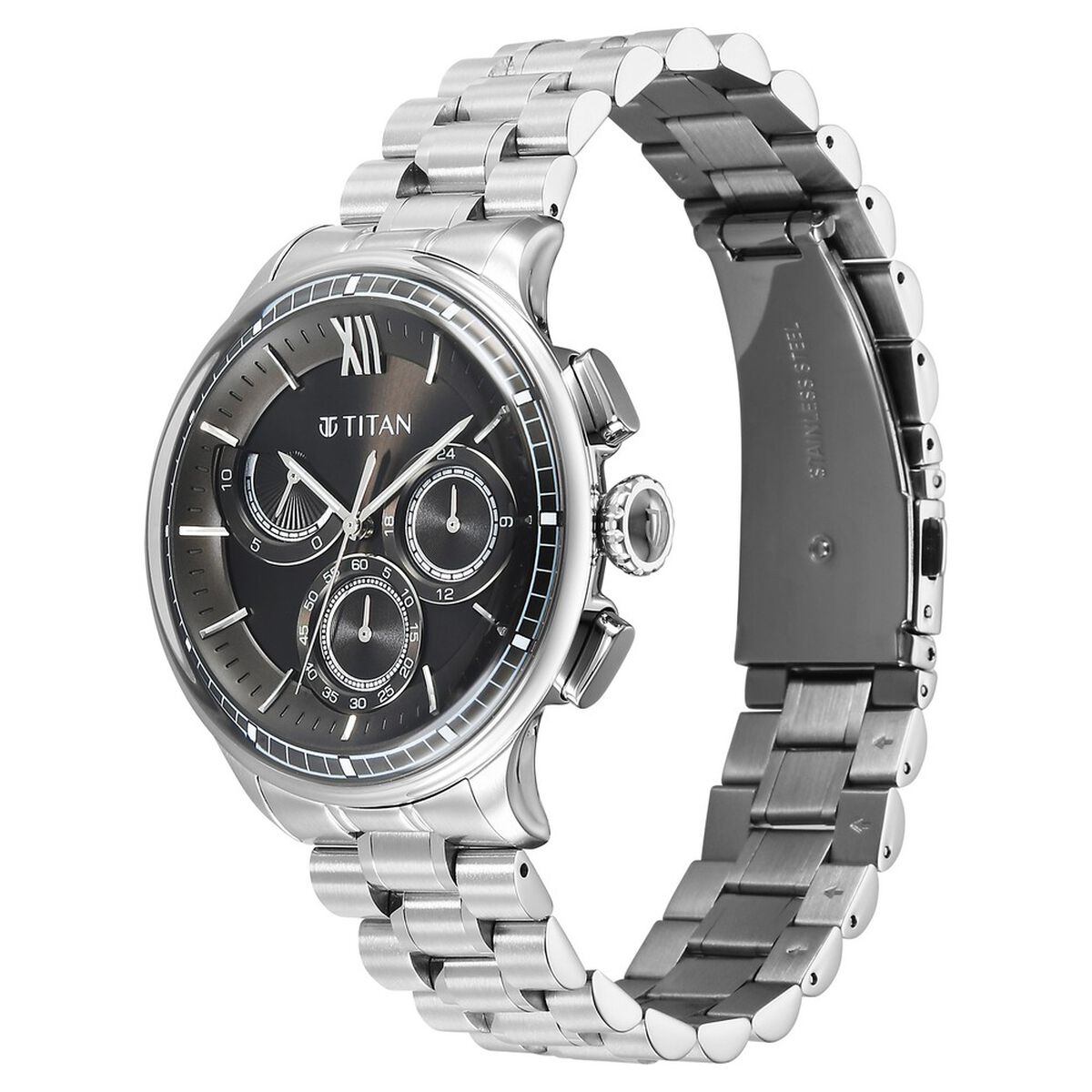 Titan Classique Half Cut Chronograph Analog with Black Dial Silver Stainless Strap Watch for Men 3