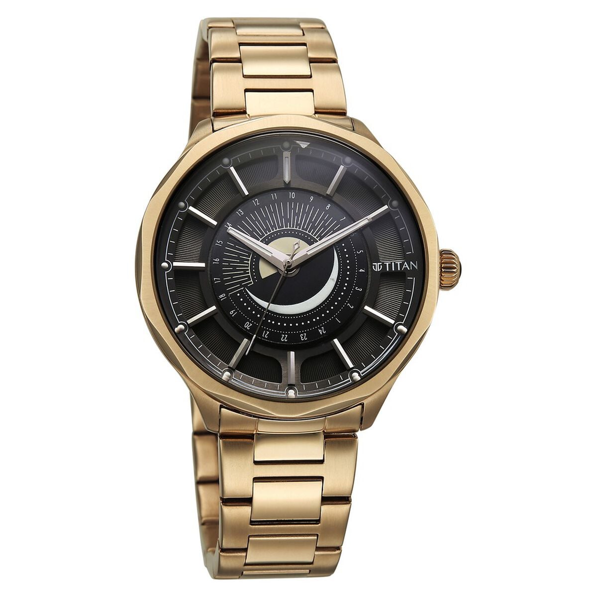 Titan Stellar Analog with Sun Moon Phase and Black Dial Carnation Gold Stainless Steel Strap Watch for Men 3