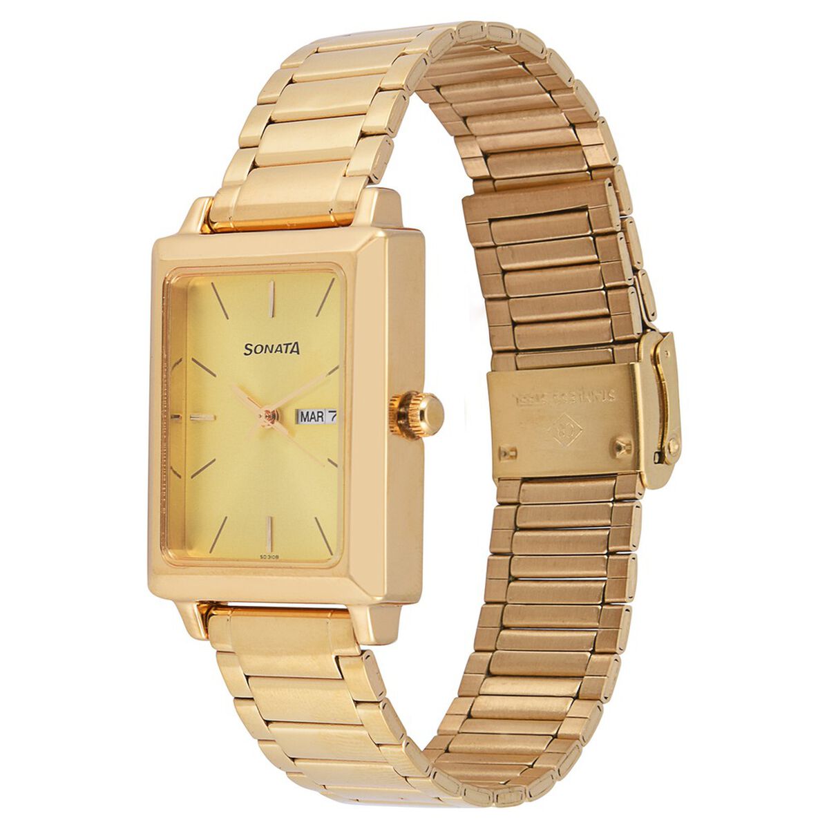 Sonata Quartz Analog with Day and Date Champagne Dial Stainless Steel Strap Watch for Men 2