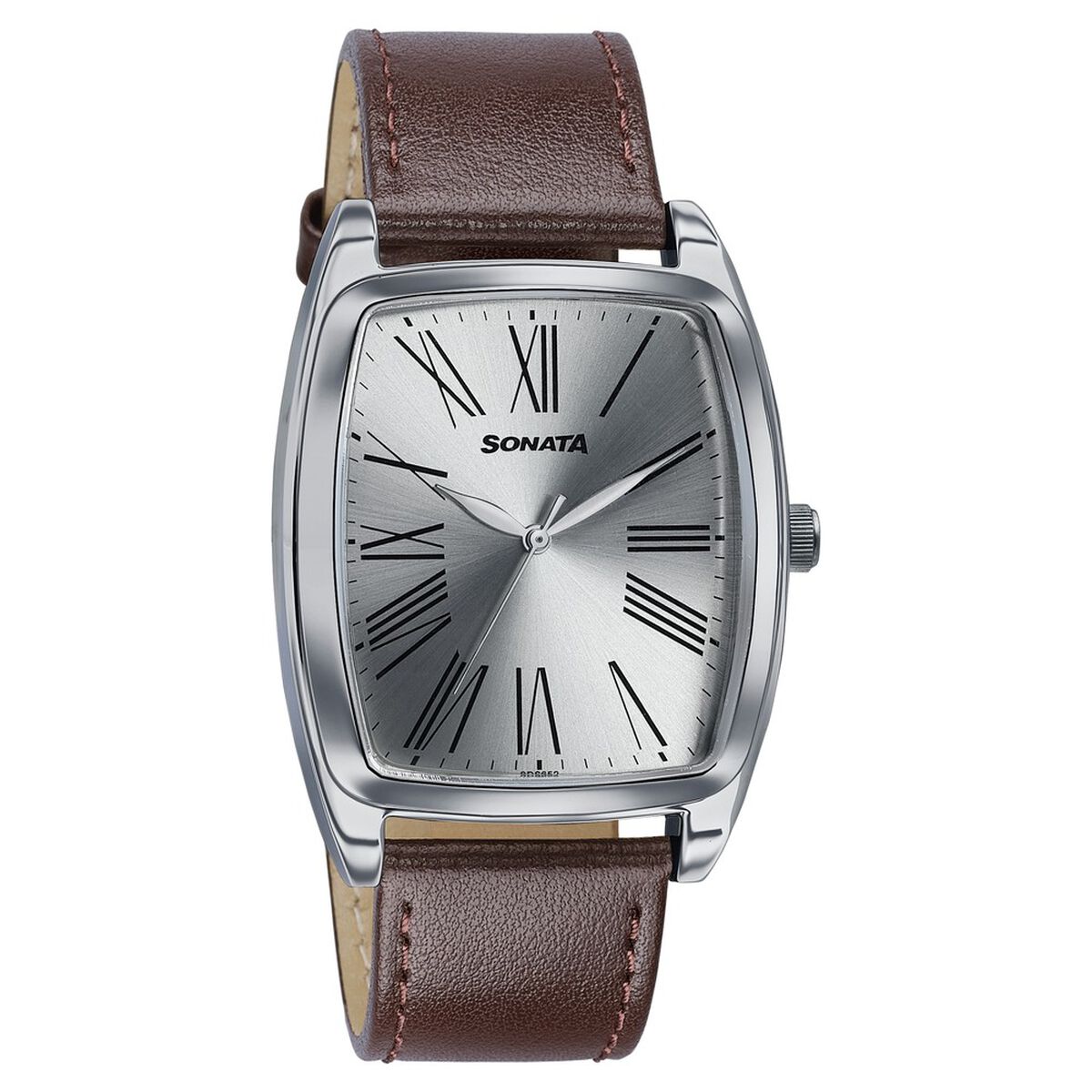 Sonata Ascent Quartz Analog Silver Dial Brown Leather Strap Tonneau Watch For Men 2