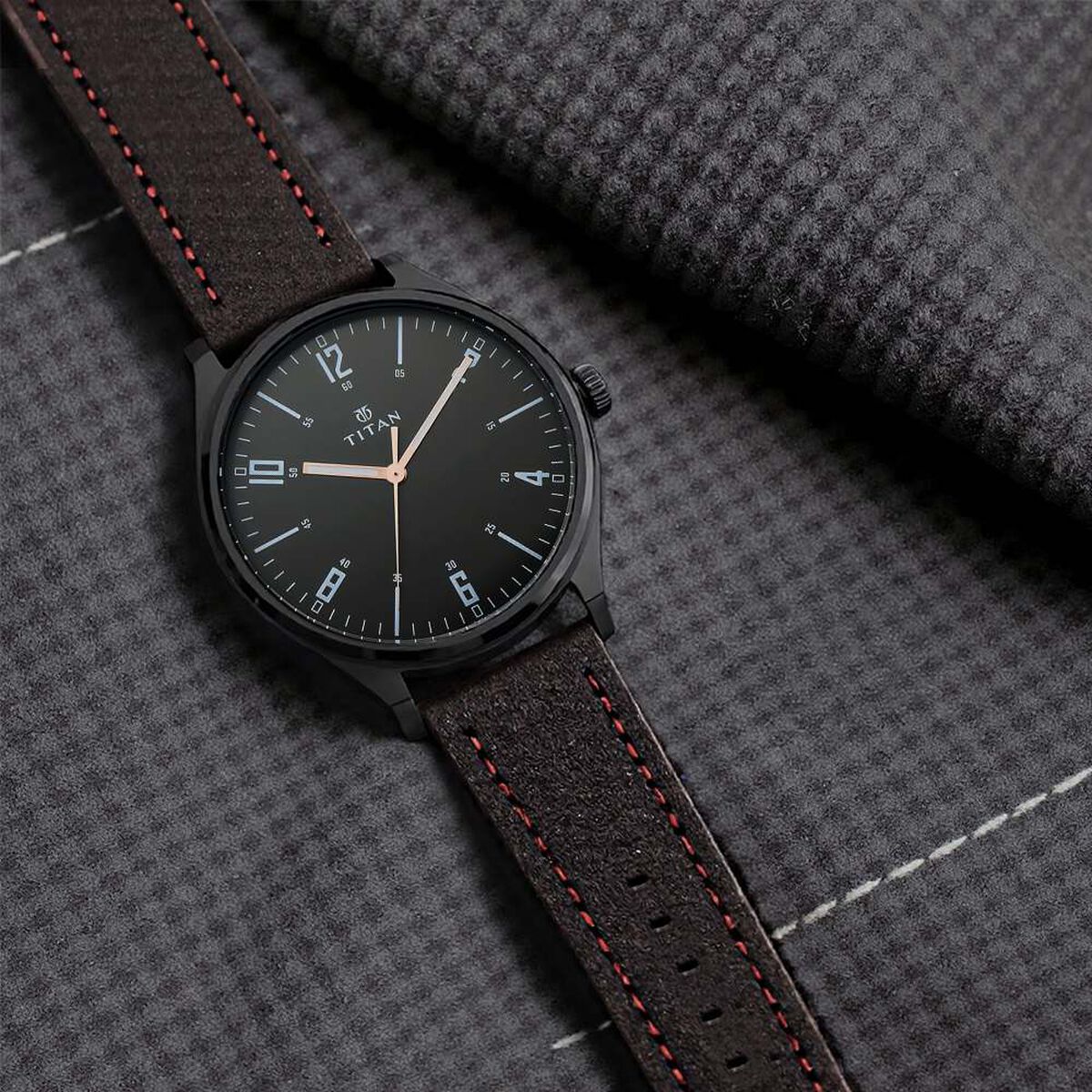 Titan Men's Minimalist Zen Watch Black: Sleek Leather Strap with Contrast Hands 1