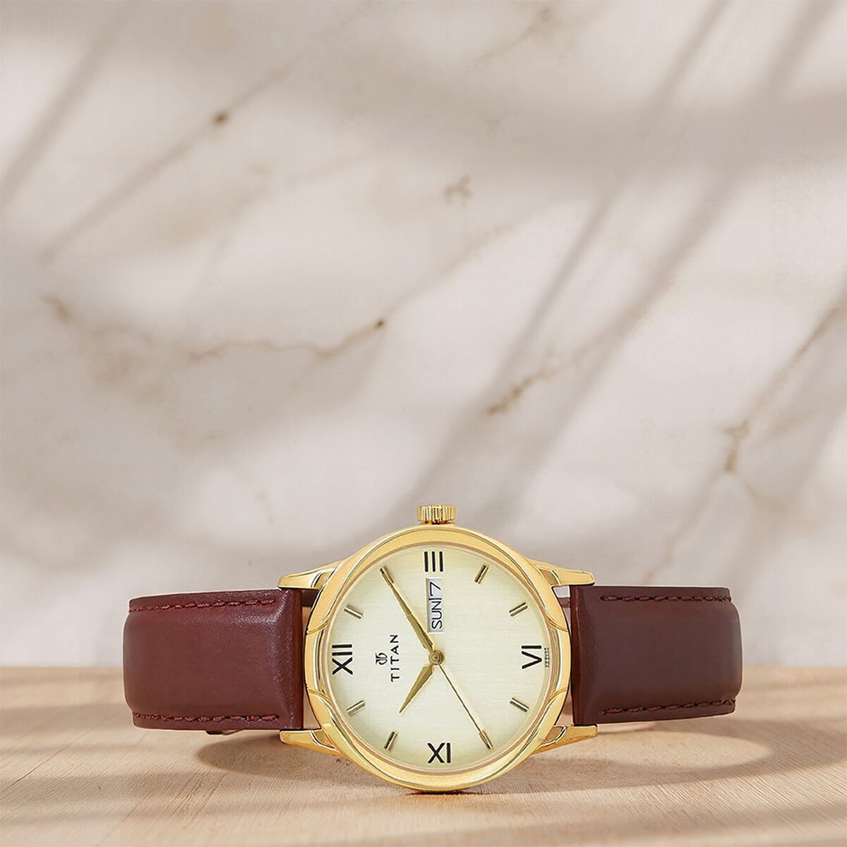 Titan Champagne Dial Analog with Day and Date Leather Strap watch for Men 1