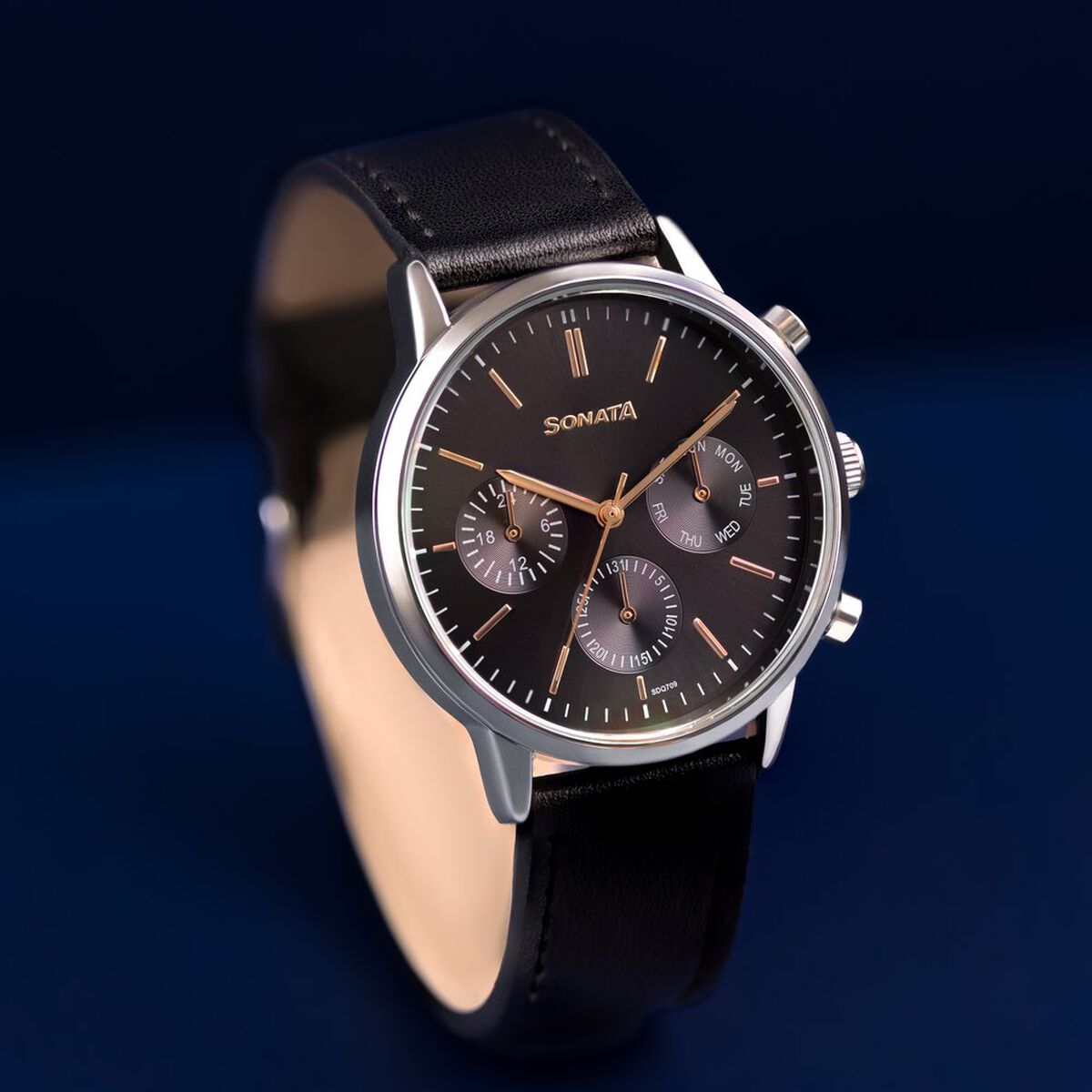 Sonata Quartz Multifunction Black Dial Black Leather Strap Watch For Men 1