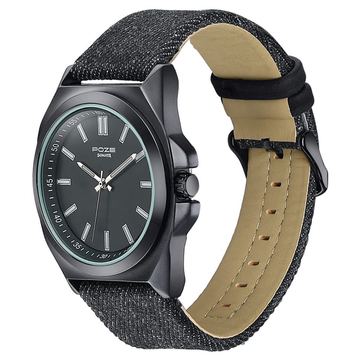 Sonata Poze Quartz Analog Black Dial Black Denim Leather Strap Watch For Men 5