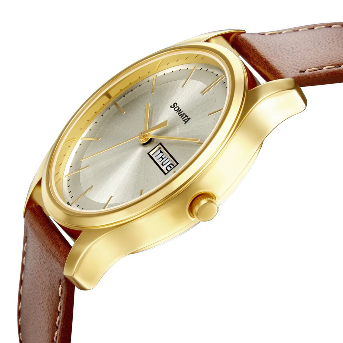 Sonata Quartz Analog with Day and Date Champagne Dial Leather Strap Watch for Men 3