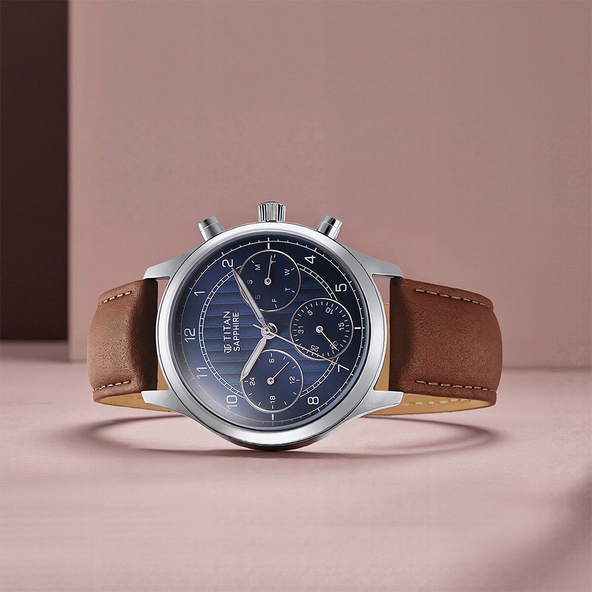 Titan Sapphire Quartz Multifunction Blue Dial Leather Strap Watch for Men 1